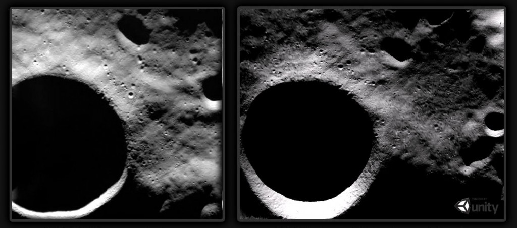 Слева: фотография поверхности Луны, сделанная зондом SMART-1 Европейского космического агентства. Справа: этот же участок, воссозданный в Shackleton Crater по данным картографических аппаратов Lunar Orbiter (NASA).